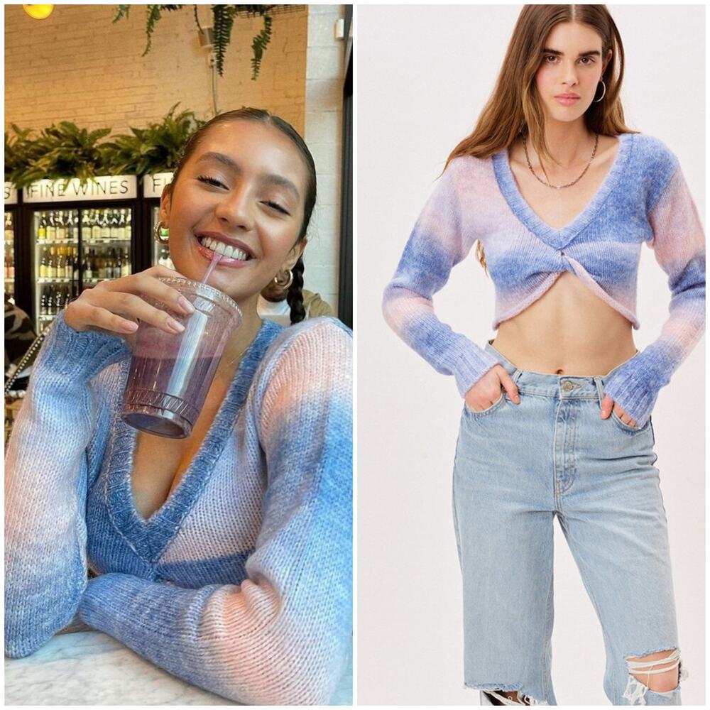 For Love and Lemons Celeste Twist Front Crop Sweater Blue size XL